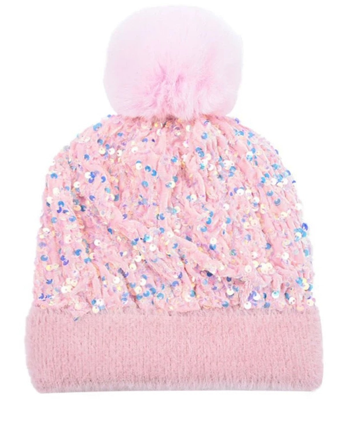 Light Pink sequin pom pom beanie with fuzzy cuff and faux fur pom pom