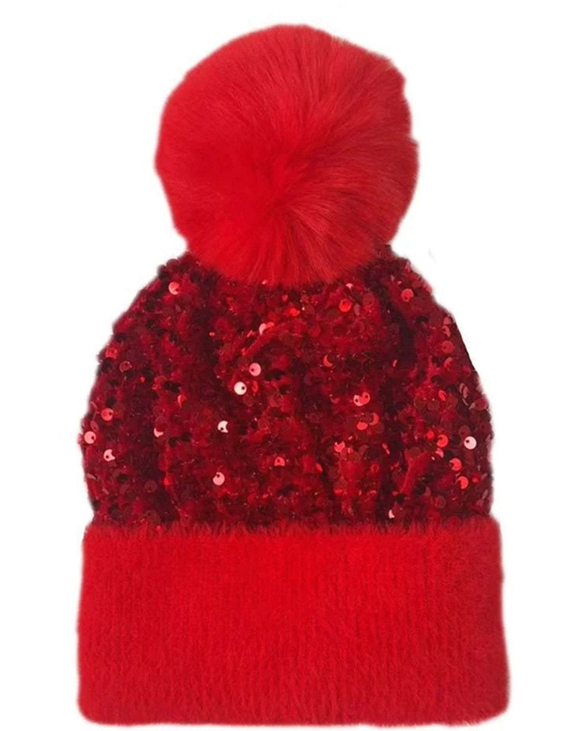 Red sequin pom pom beanie with fuzzy cuff and faux fur pom pom