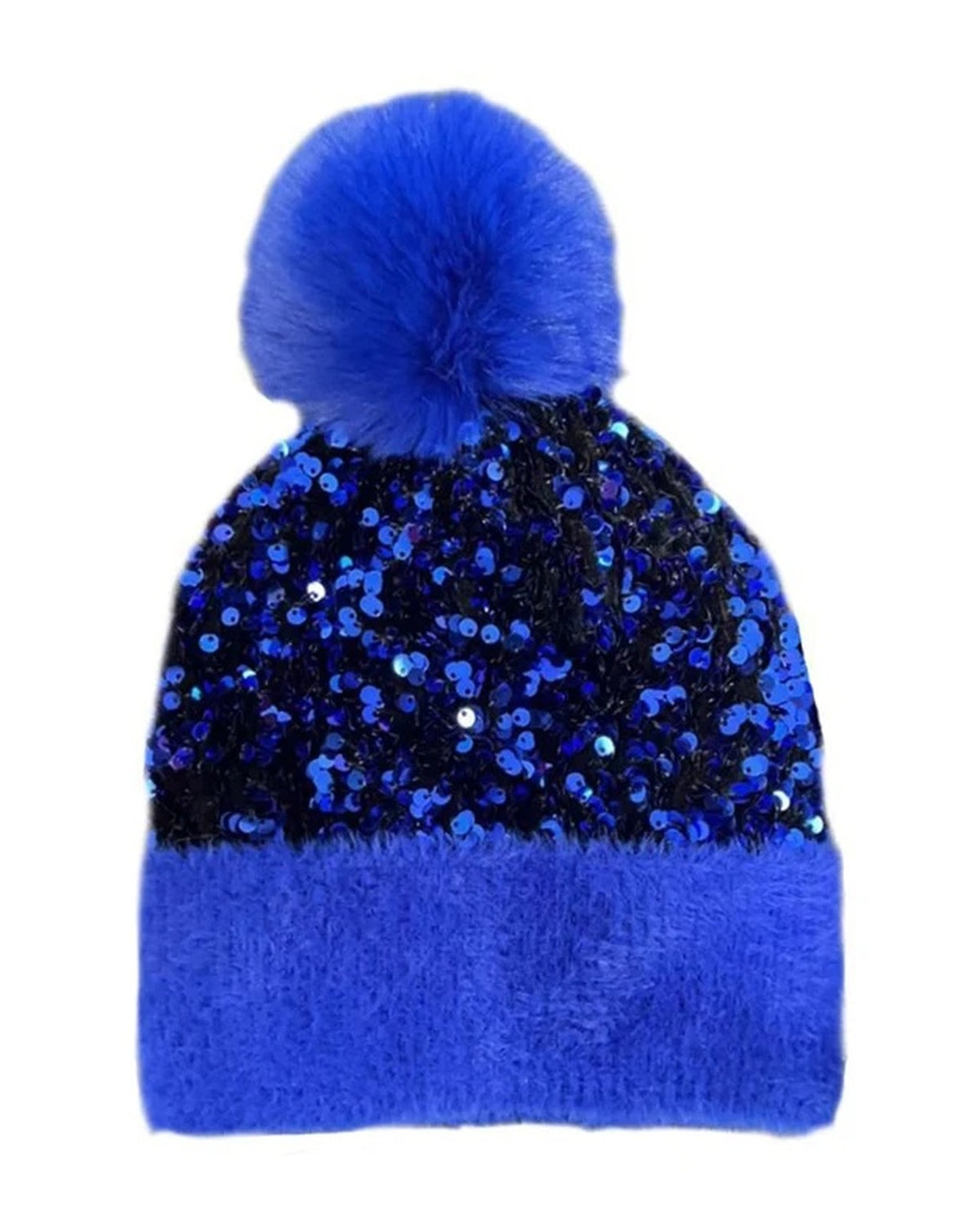 Royal Blue sequin pom pom beanie with fuzzy cuff and faux fur pom pom