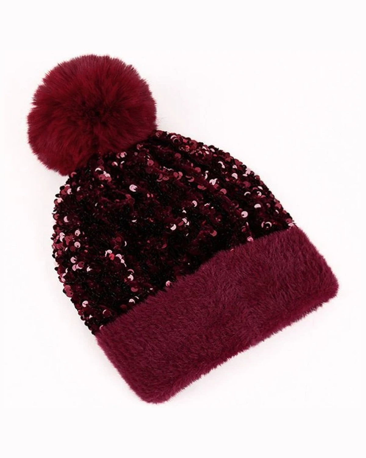 Wine sequin pom pom beanie with fuzzy cuff and faux fur pom pom