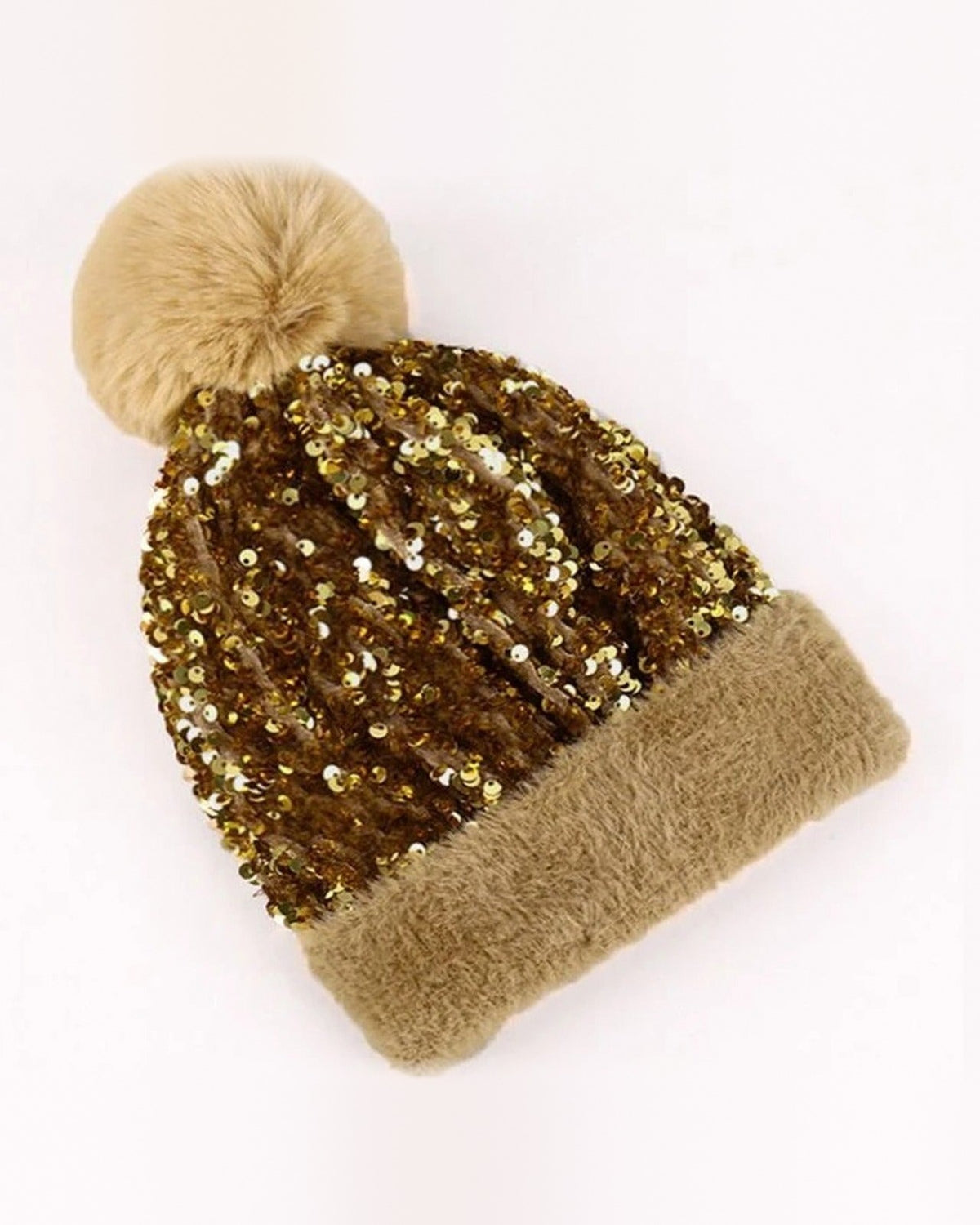 Gold sequin pom pom beanie with fuzzy cuff and faux fur pom pom