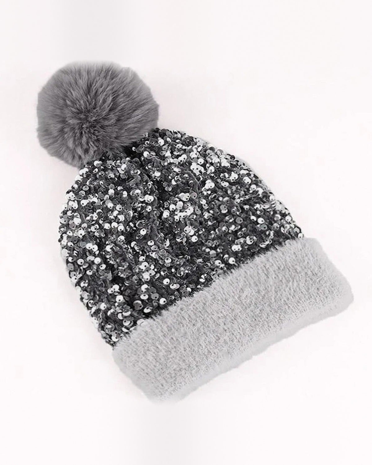 Silver sequin pom pom beanie with fuzzy cuff and faux fur pom pom