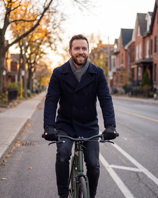 Man cycling through the city wearing black thermal touchscreen gloves