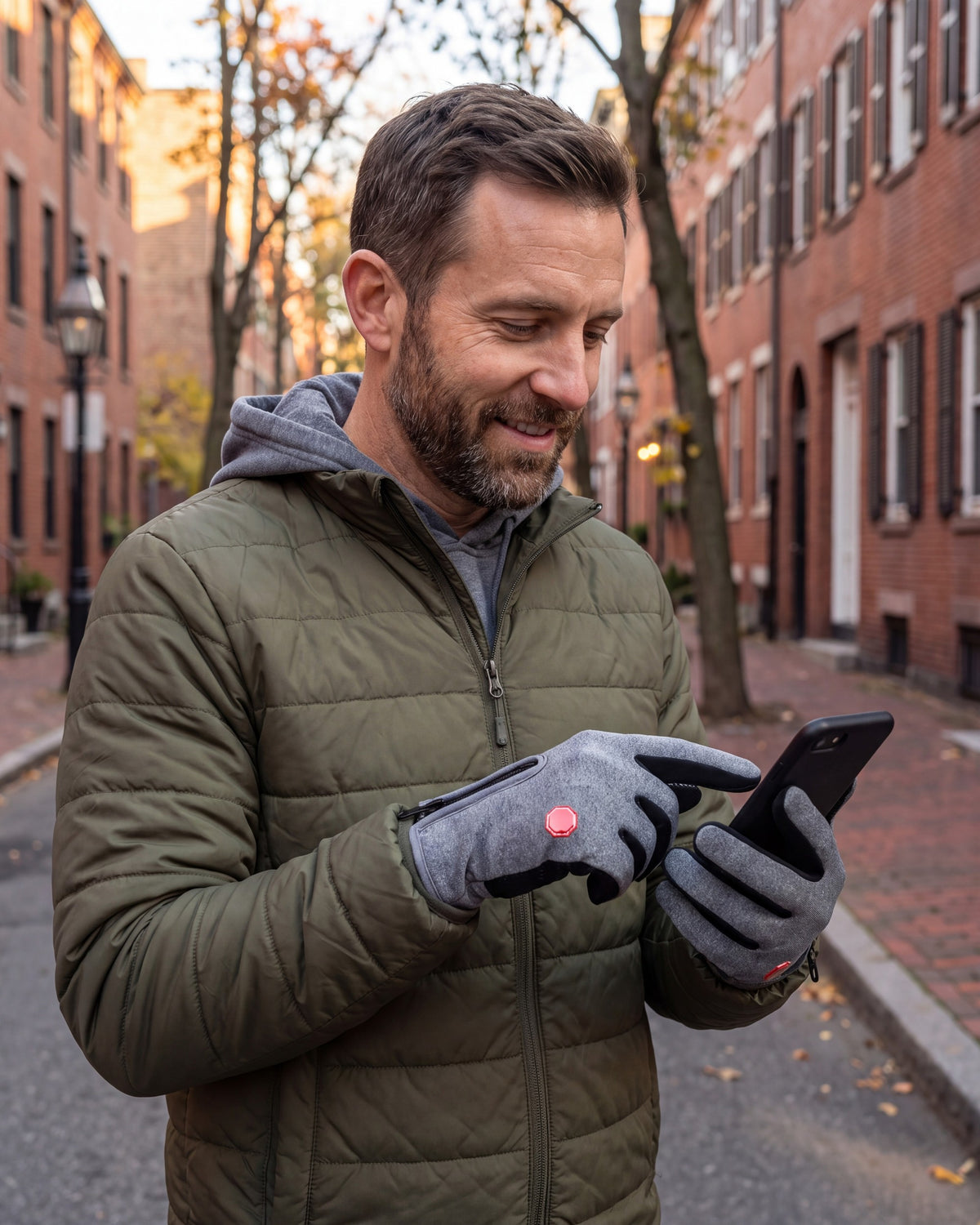 Man using his phone on a brick city street in gray thermal touchscreen gloves with zip cuffs