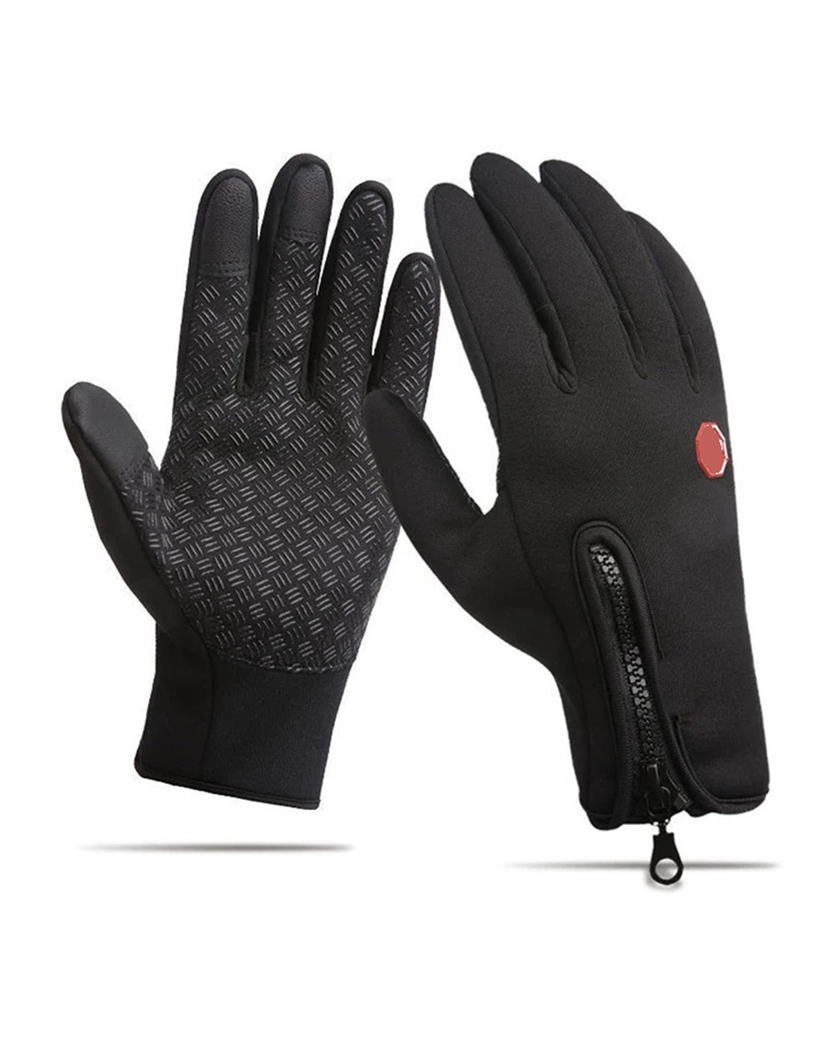 Black thermal touchscreen gloves with zip cuff and non-slip silicone palm