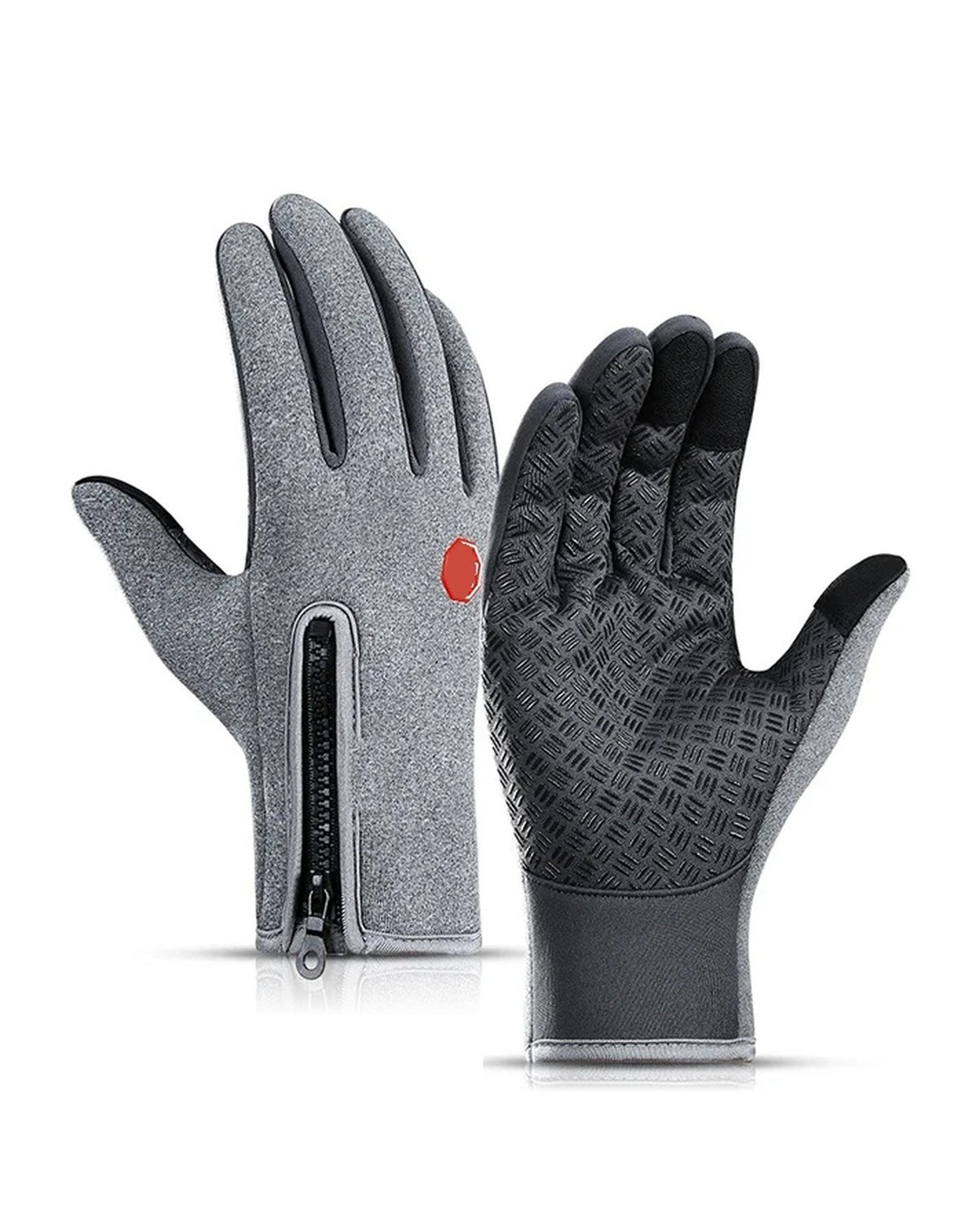 Gray thermal touchscreen gloves with zip cuff and non-slip silicone palm