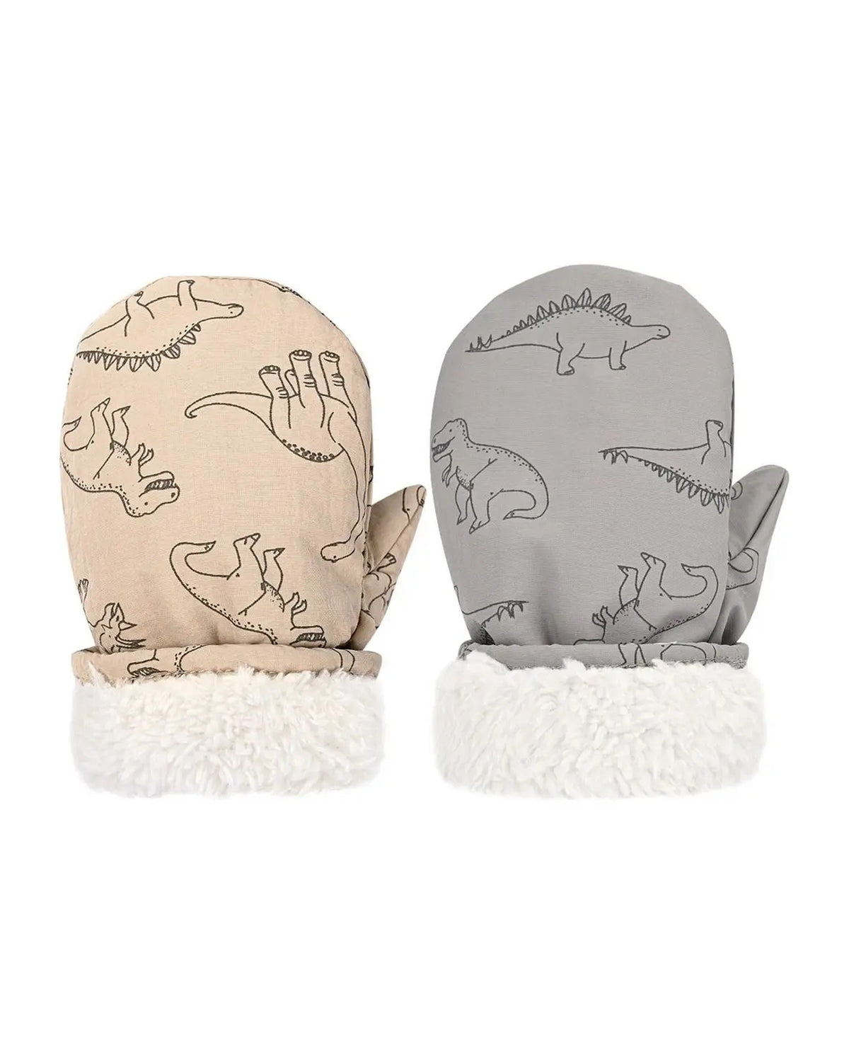 Khaki and gray dinosaur mittens showing the sherpa lined cuff