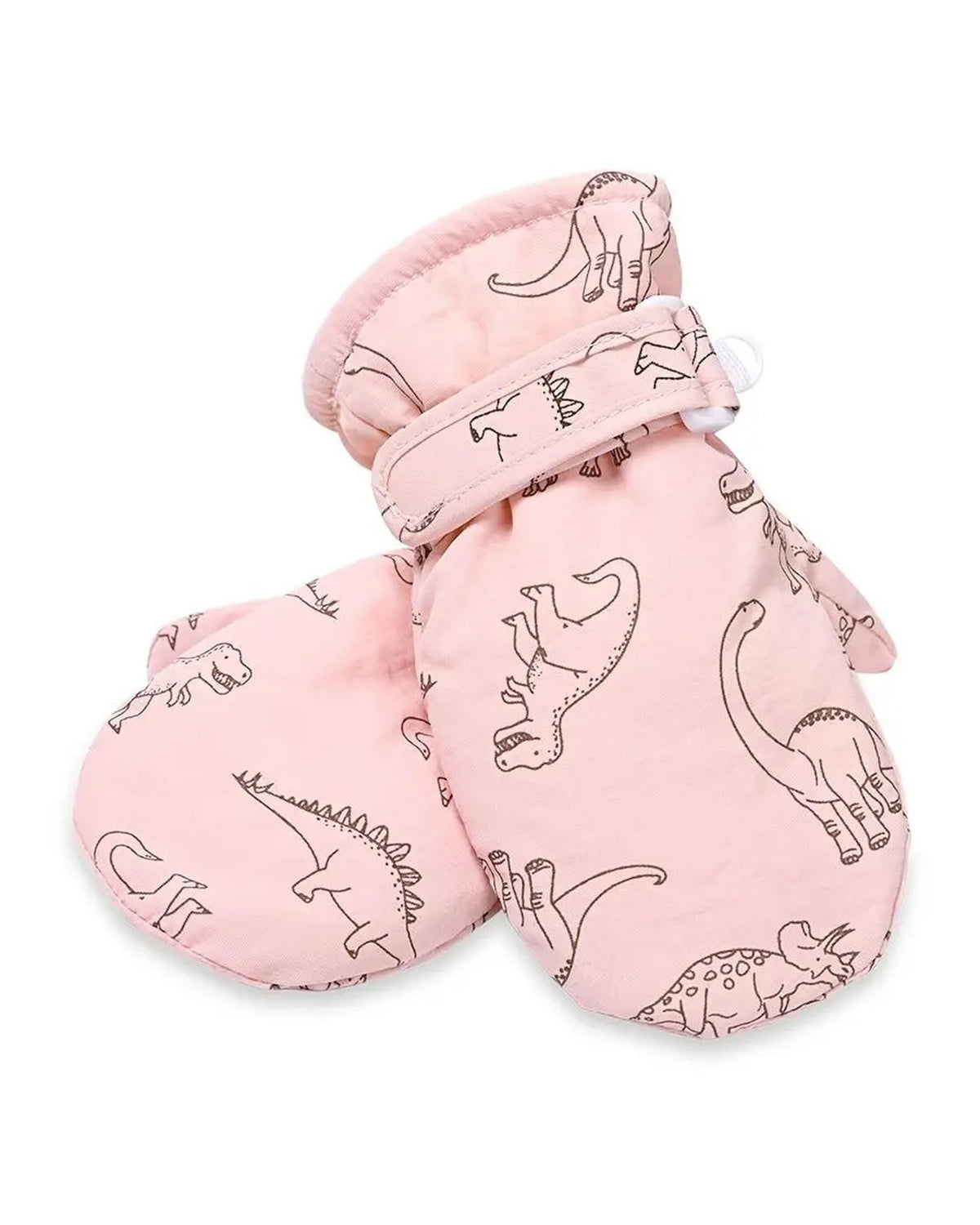 Pink dinosaur mittens with wrist strap