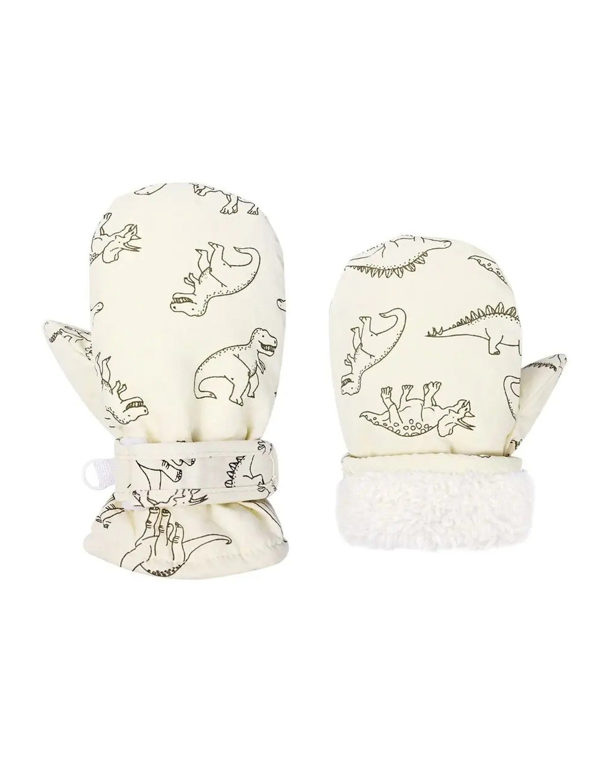 Cream toddler mittens with dinosaur print and sherpa cuff