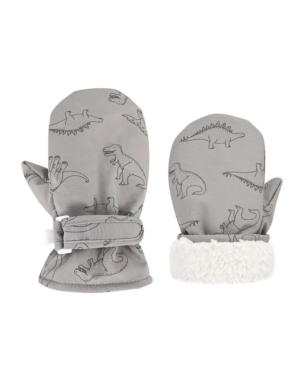 Gray toddler mittens with dinosaur print and sherpa cuff