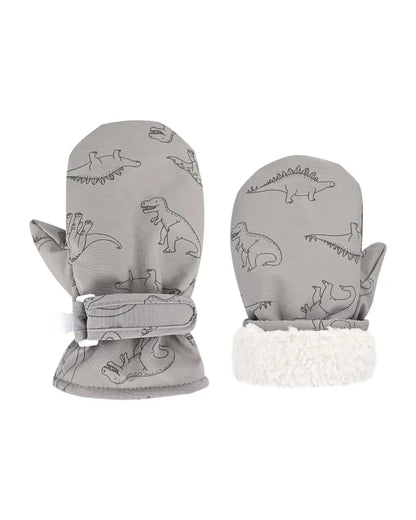Gray toddler mittens with dinosaur print and sherpa cuff
