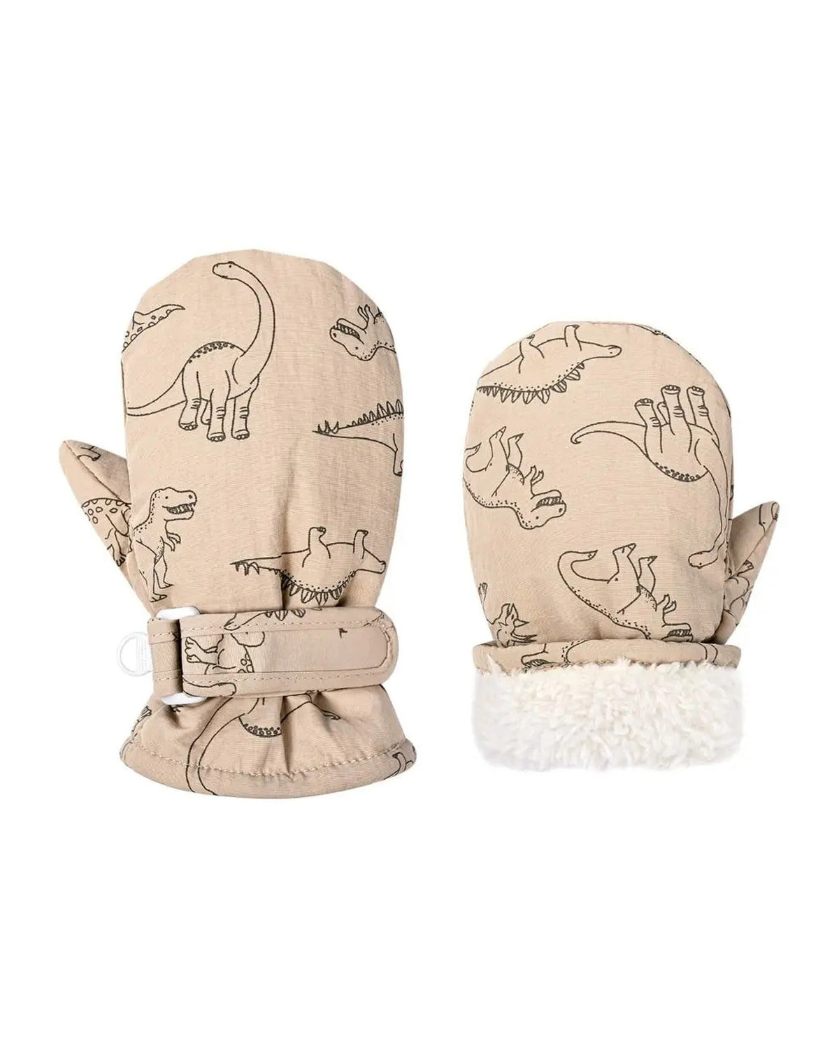Khaki toddler mittens with dinosaur print and sherpa cuff
