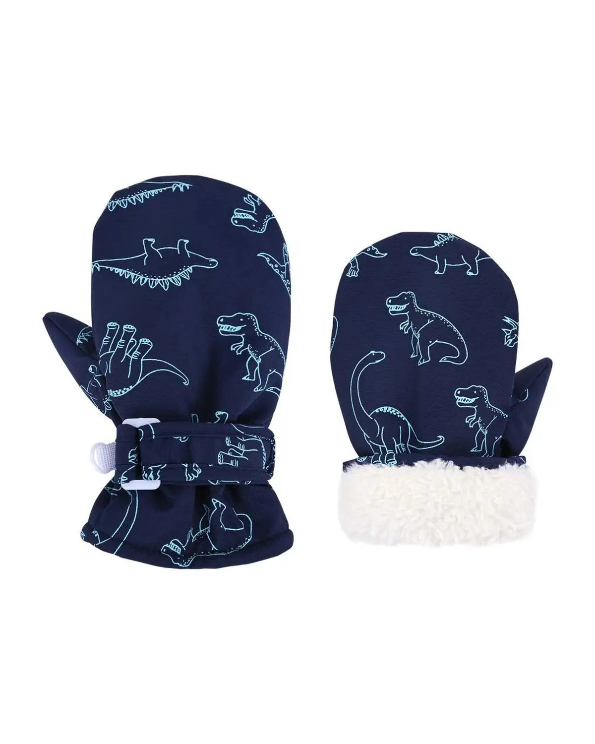 Navy toddler mittens with dinosaur print and sherpa cuff