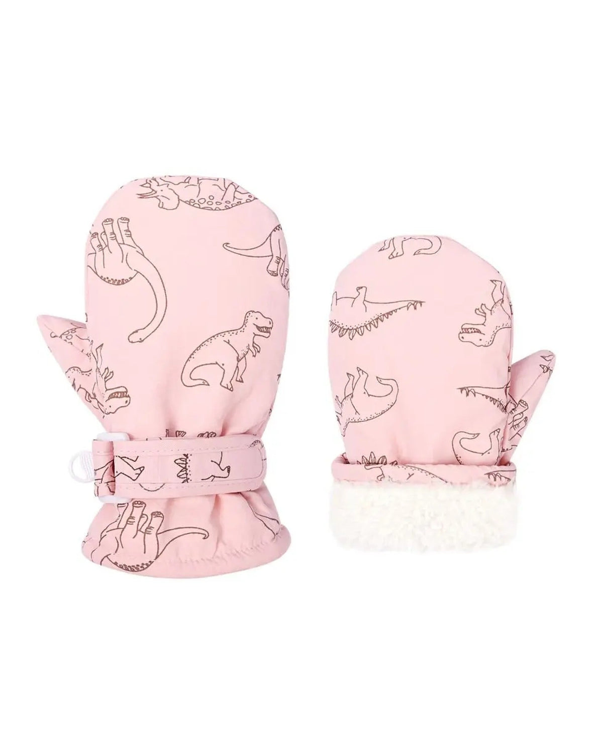 Pink toddler mittens with dinosaur print and sherpa cuff