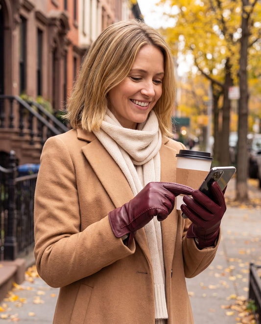 Woman wearing wine red touchscreen leather gloves while using her phone on a city street