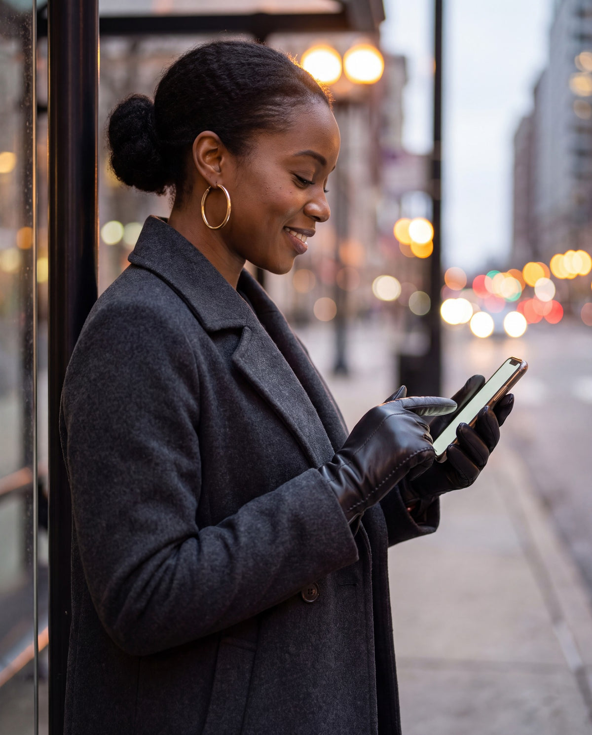 Woman wearing black touchscreen leather gloves scrolling her phone at a city bus stop